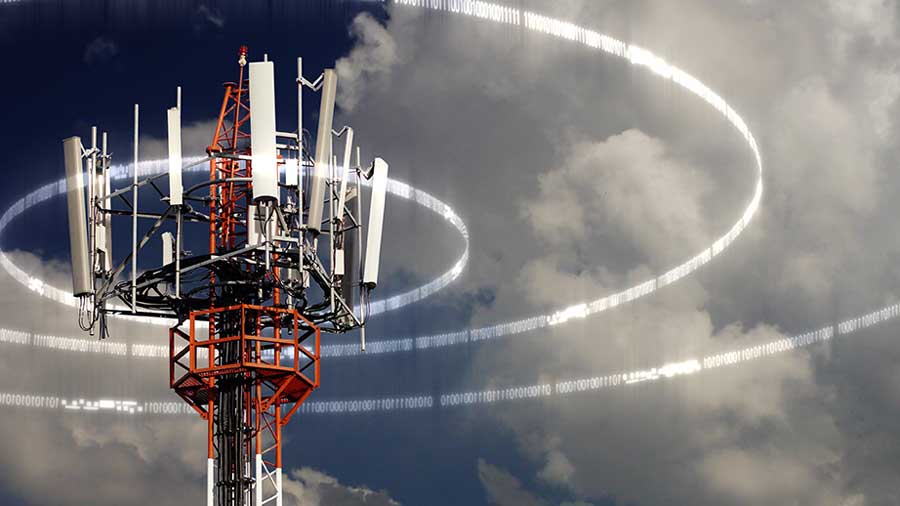 Mobile telecommunication tower or cell tower with antennae and electronic communications equipments